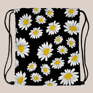Black drawstring backpack with sunflower print and durable woven straps for travel