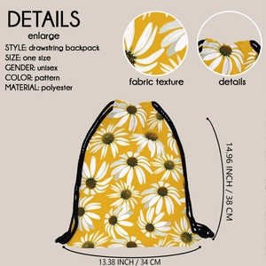 Sunflower pattern drawstring backpack in yellow polyester with close-up fabric details
