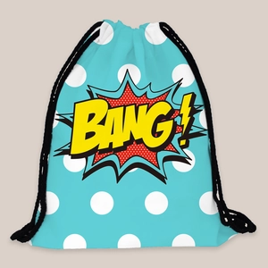 Close-up of blue polka dot drawstring bag with vibrant BANG comic book graphic print