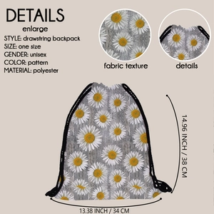 Portable polyester drawstring backpack with sunflower print and size specifications