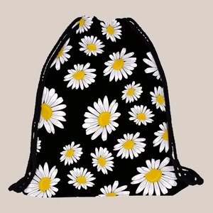 Detail of sunflower print drawstring backpack with durable black ropes and soft fabric texture