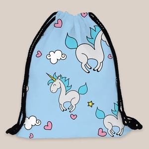 Detailed close-up of a light blue drawstring bag featuring unicorn and star patterns