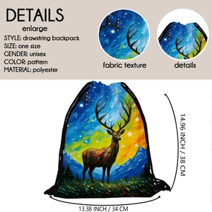 Unisex drawstring backpack featuring a colorful reindeer print and durable polyester fabric