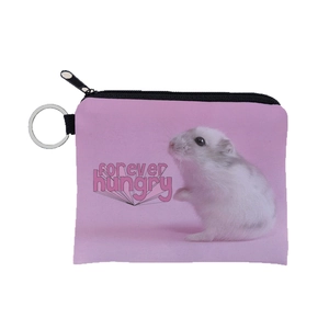 Pink fabric coin purse with cute hamster print and forever hungry text with keychain