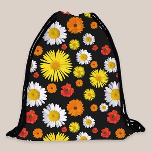 Detail of sunflower and daisy floral print on black drawstring backpack fabric