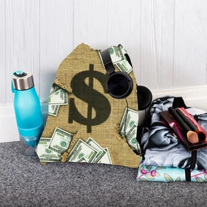 Dettaglio dello zaino a sacco con stampa di banconote da un dollaro su tessuto di lino