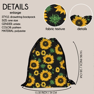Sunflower print drawstring backpack made of durable black polyester for travel