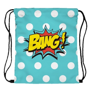 Blue drawstring backpack with white polka dots and a pop art BANG! print design
