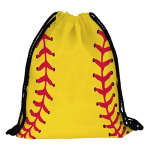 Detail view of yellow softball pattern drawstring bag with red stitching and black cords