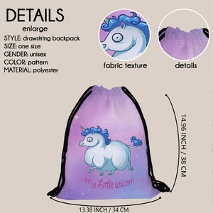 Purple unicorn print drawstring backpack made of polyester for travel use 34x38cm
