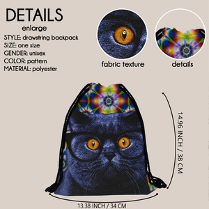 Blue cat drawstring backpack made of polyester fabric with geometry patterns and 34x38cm size