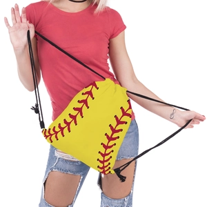 Close-up of a softball drawstring bag featuring red stitching on bright yellow fabric