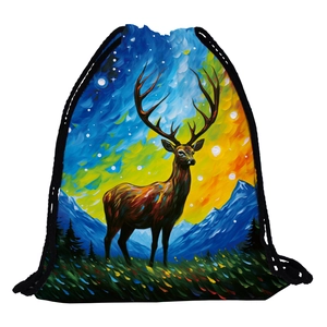 Detailed view of colorful deer oil painting print on a drawstring travel backpack with ropes