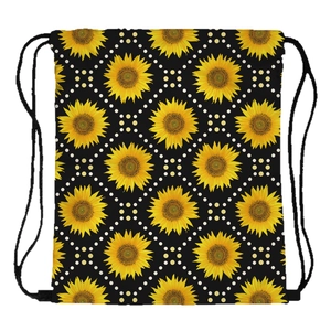 Portable drawstring backpack with realistic sunflower print and white polka dots on black