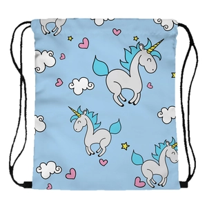 Light blue unicorn drawstring backpack with cartoon hearts and stars for travel