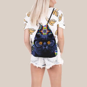 Drawstring backpack with cat print and colorful geometric pattern on a back model