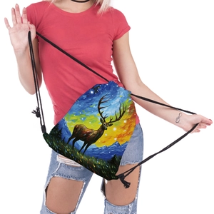 Close-up of artistic deer print on a colorful drawstring travel backpack for women