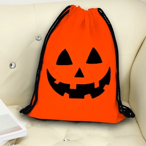 Orange Halloween drawstring backpack with black Jack-o'-lantern pumpkin face print