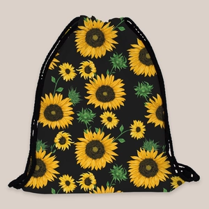 Detailed view of vibrant sunflower print fabric on a durable black drawstring backpack