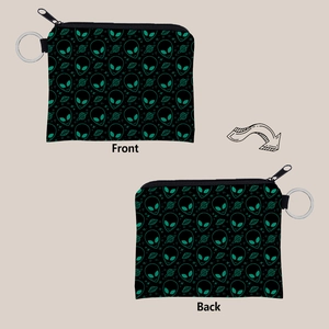 Front and back view of a portable alien print coin purse with a sturdy metal keychain