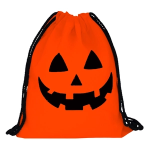 Close-up of Halloween pumpkin drawstring bag with black Jack-o'-lantern face print
