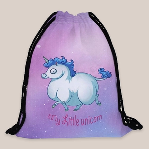 Detail of purple gradient unicorn drawstring bag with My Little Unicorn print text