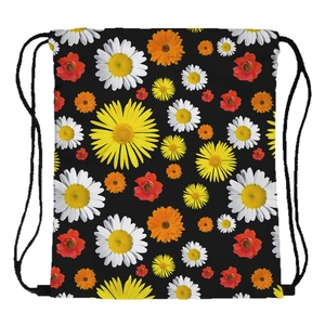 Black drawstring backpack with vibrant sunflower and floral print for travel use