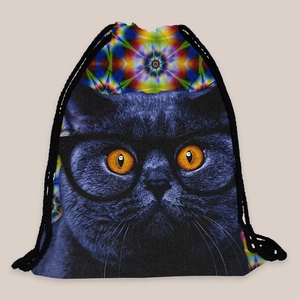 Detail of drawstring bag showing high-resolution black cat print with vibrant geometric patterns