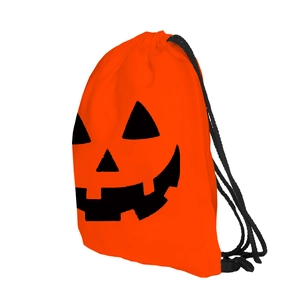 Detailed view of the orange Halloween drawstring bag with a black jack-o'-lantern face