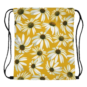 Portable drawstring backpack featuring vibrant yellow fabric with white daisy floral patterns