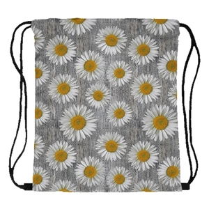 Sunflower pattern drawstring backpack with grey wood texture print and black cords