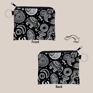 Front and back detail of black canvas coin purse with elephant mandala print and keychain