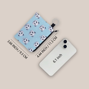 Blue panda print coin purse with zipper closure, wrist strap, and metal keyring