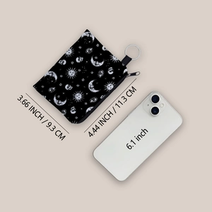 Star and moon print coin purse with size dimensions and 6.1-inch phone for scale