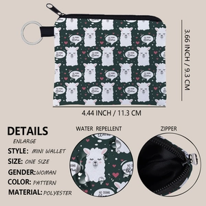 Mini porte-monnaie en polyester avec imprimé alpaga et porte-clés en métal pour femme