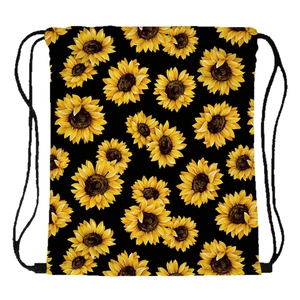 Black drawstring backpack with vibrant sunflower print and adjustable cotton rope straps