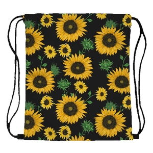 Drawstring backpack with sunflower floral print on black background for travel use