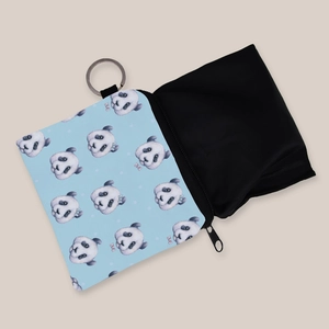 Portable light blue panda print coin purse with zipper and metal keychain for women