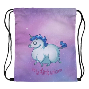 Unicorn drawstring backpack with purple gradient and Little Unicorn print