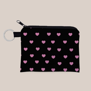 Mini Porte-monnaie en Polyester pour Femmes Portefeuille à Imprimé Cœur Avec Porte-clés Petite Pochette à Argent Avec Fermeture Éclair Étui à Clés Portable Sac Noir Rose