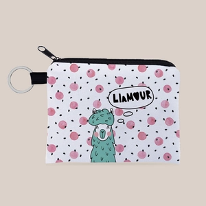 Cute Alpaca Pattern Printed Polyester Coin Purse Portable Small Pouch Key Bag With Metal Keychain For Women Girls Gift