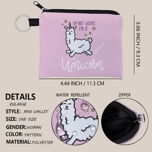 Porte-monnaie rose en polyester à motif alpaga avec texte licorne et porte-clés