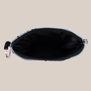 Top view of blue panda print coin purse showing black inner lining and key ring