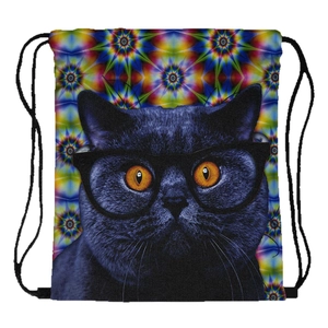 Drawstring backpack featuring a blue cat with glasses and colorful kaleidoscopic pattern