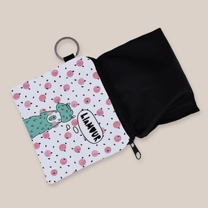 Cute alpaca print coin purse with keychain ring and inner black eco-friendly foldable bag