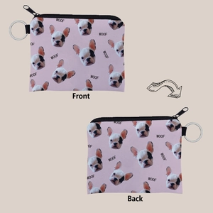 Vorder- und Rückseite einer rosa Leinwand-Münztasche mit Chihuahua-Print und Schlüsselanhänger