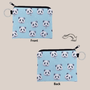 Front and back views of a light blue panda print coin purse with a metal keychain ring