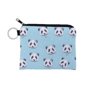 Blue panda print coin purse with black zipper and silver keychain on white background
