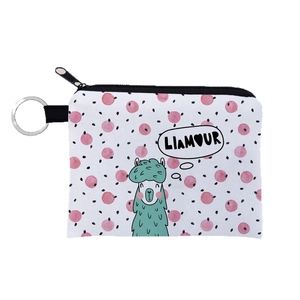 Cute alpaca canvas coin purse with pink polka dots and metal keychain ring