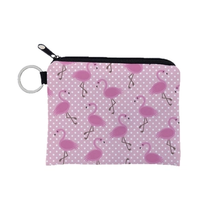 Petit porte-monnaie rose à motif flamant rose avec pois blancs et anneau porte-clés